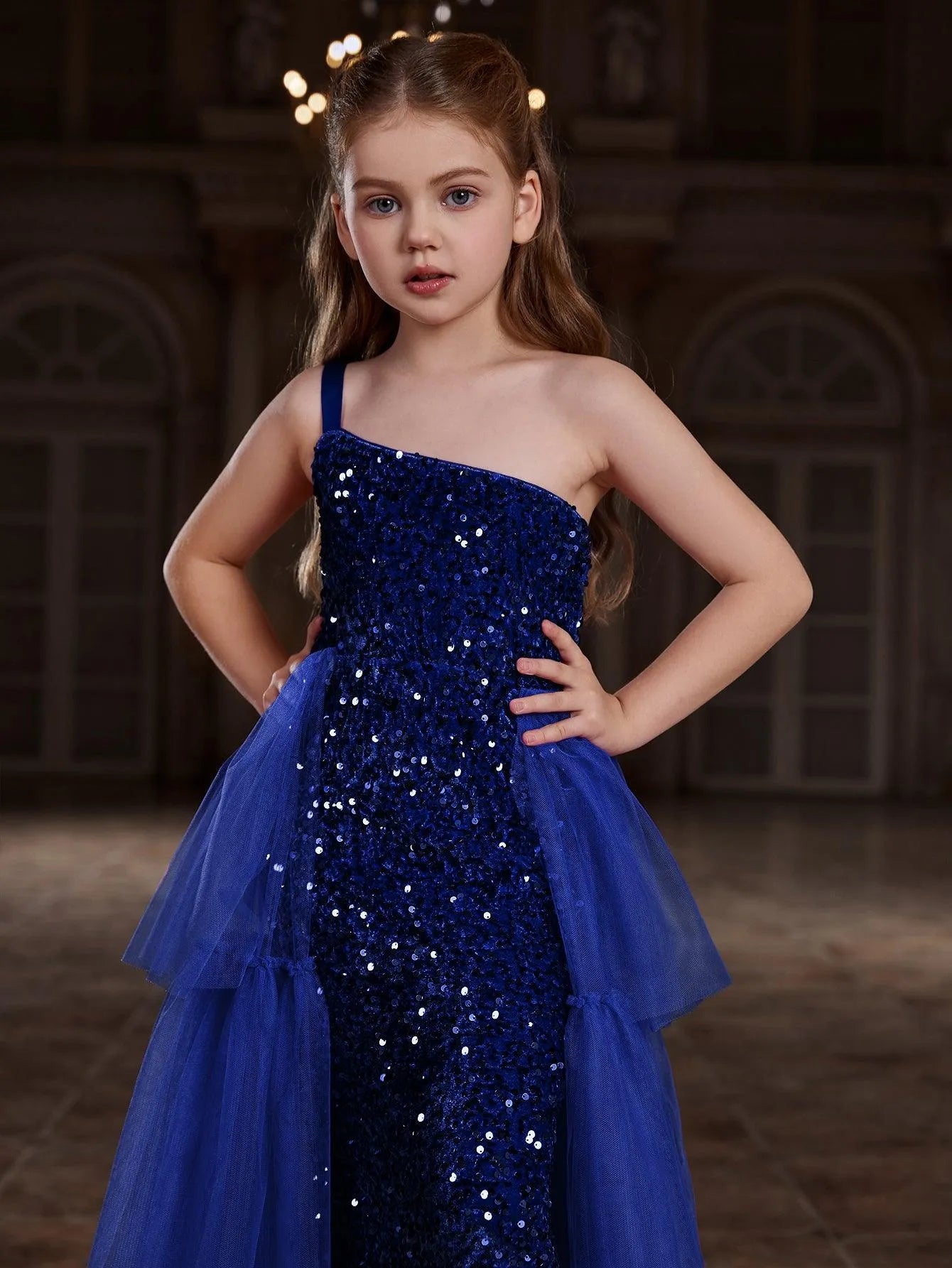 Tween Girls' One Shoulder Sleeveless Contrast Mesh Sequin Dress - Elonnashop