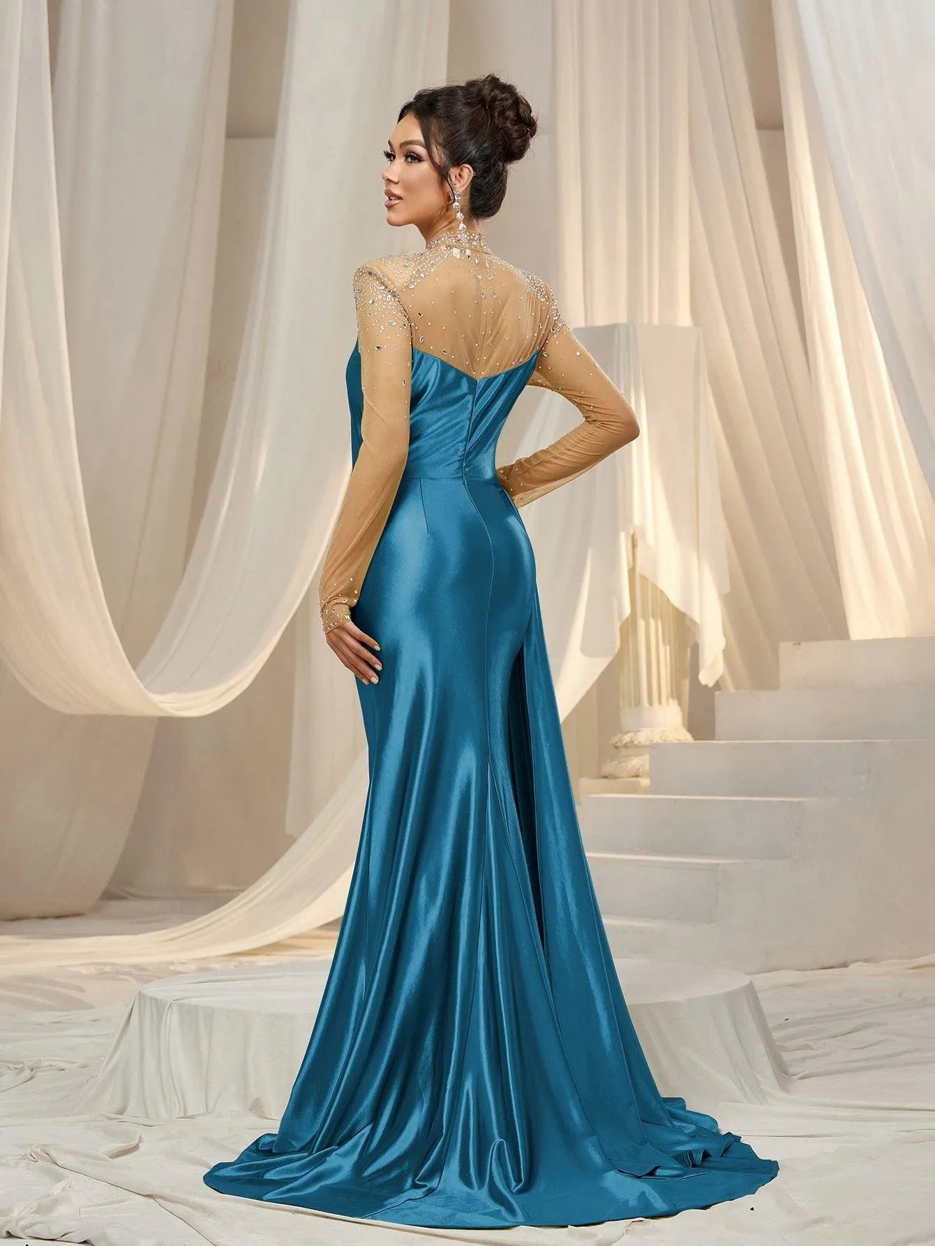 Rhinestone Detail Mock Neck Satin Mermaid Prom Dress - Elonnashop