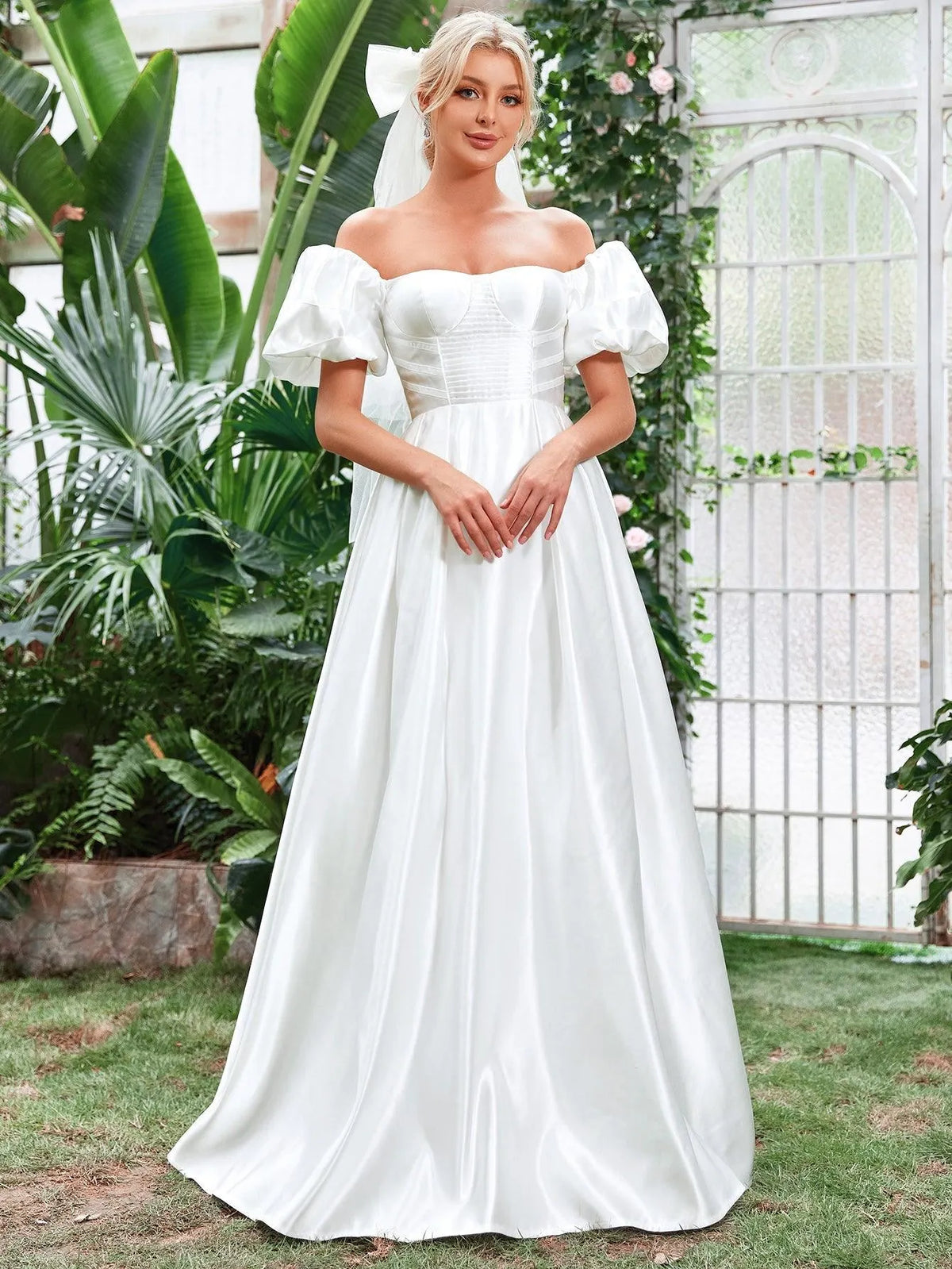 Off Shoulder Puff Sleeve Satin Wedding Dress - Elonnashop