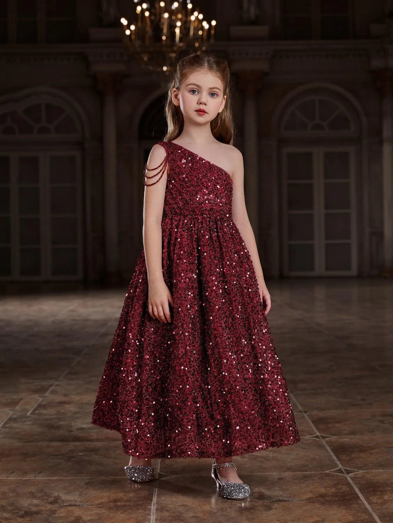 Tween Girls' One Shoulder Chain Detail Sequin Party Dress - Elonnashop