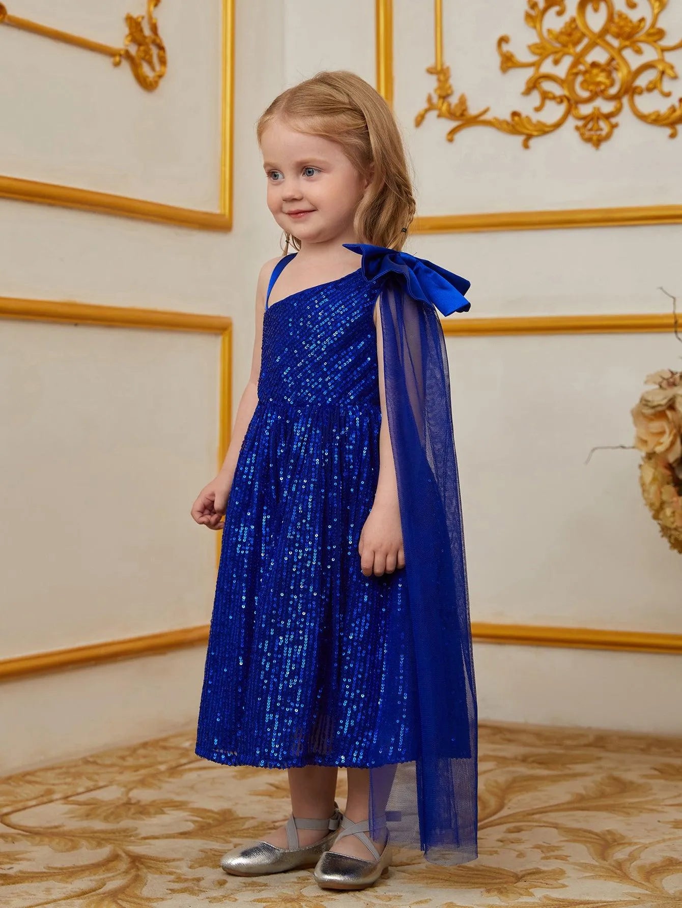 Young Girls' Bow Detail Draped Side Sequin Midi Dress - Elonnashop