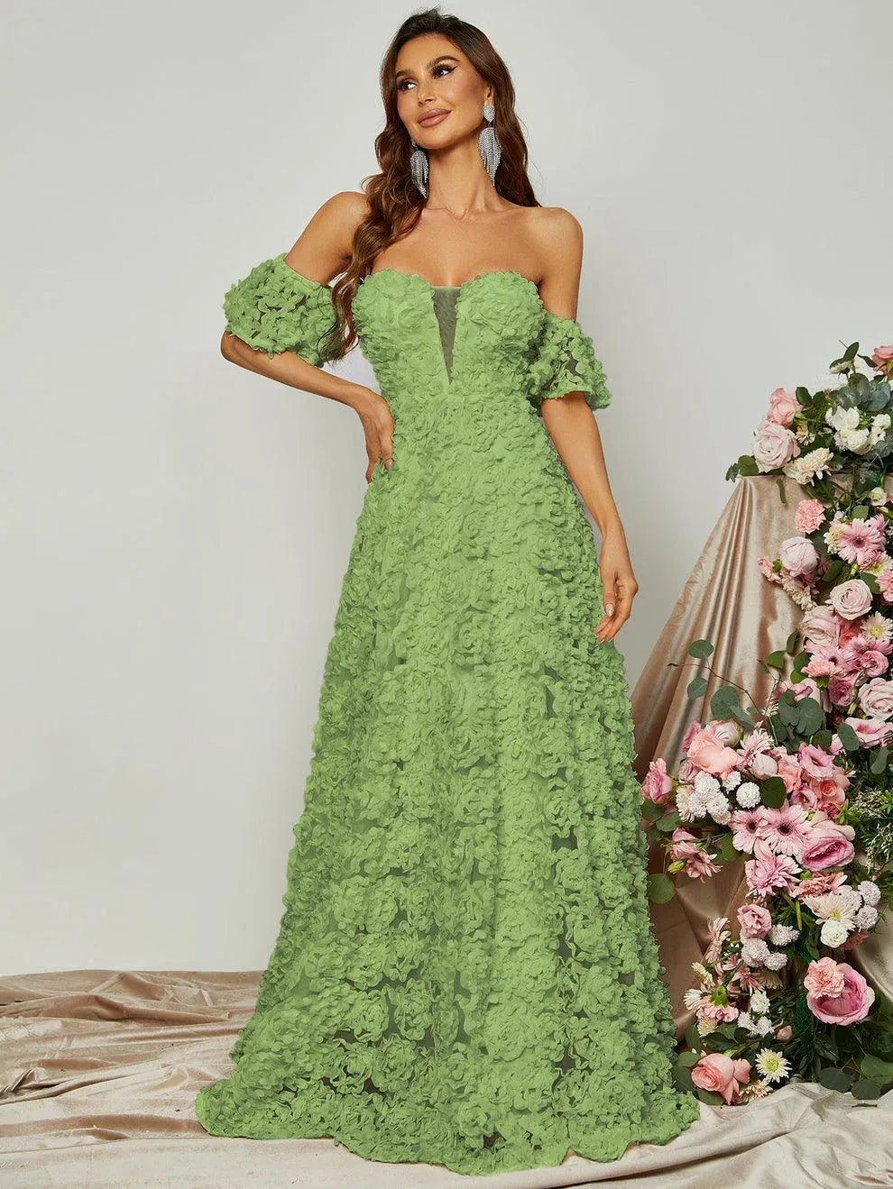 Off Shoulder 3D Flower A-Line Prom Dress - Elonnashop