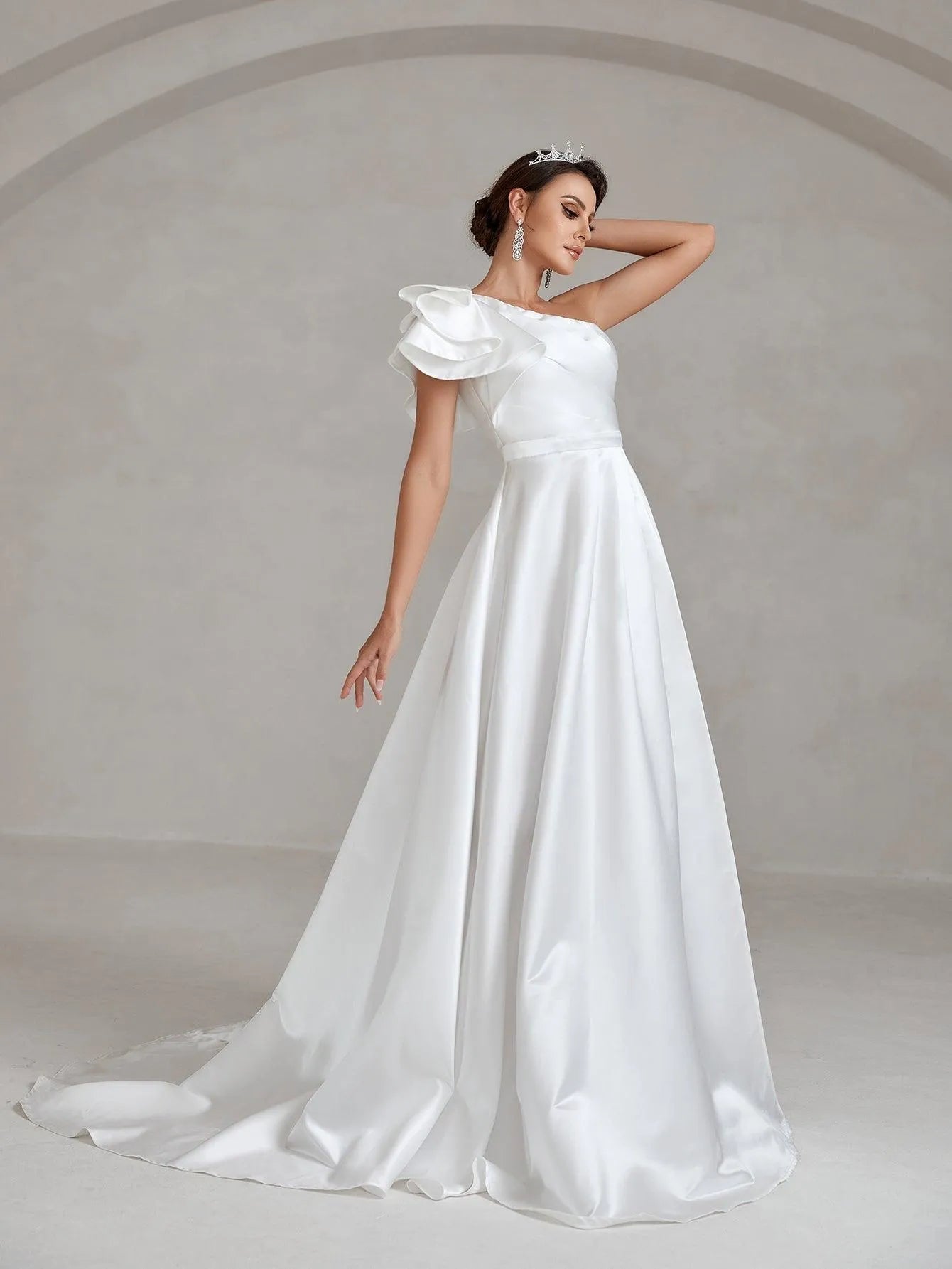 Ruffle Trim One Shoulder Split Thigh Satin Wedding Dress - Elonnashop