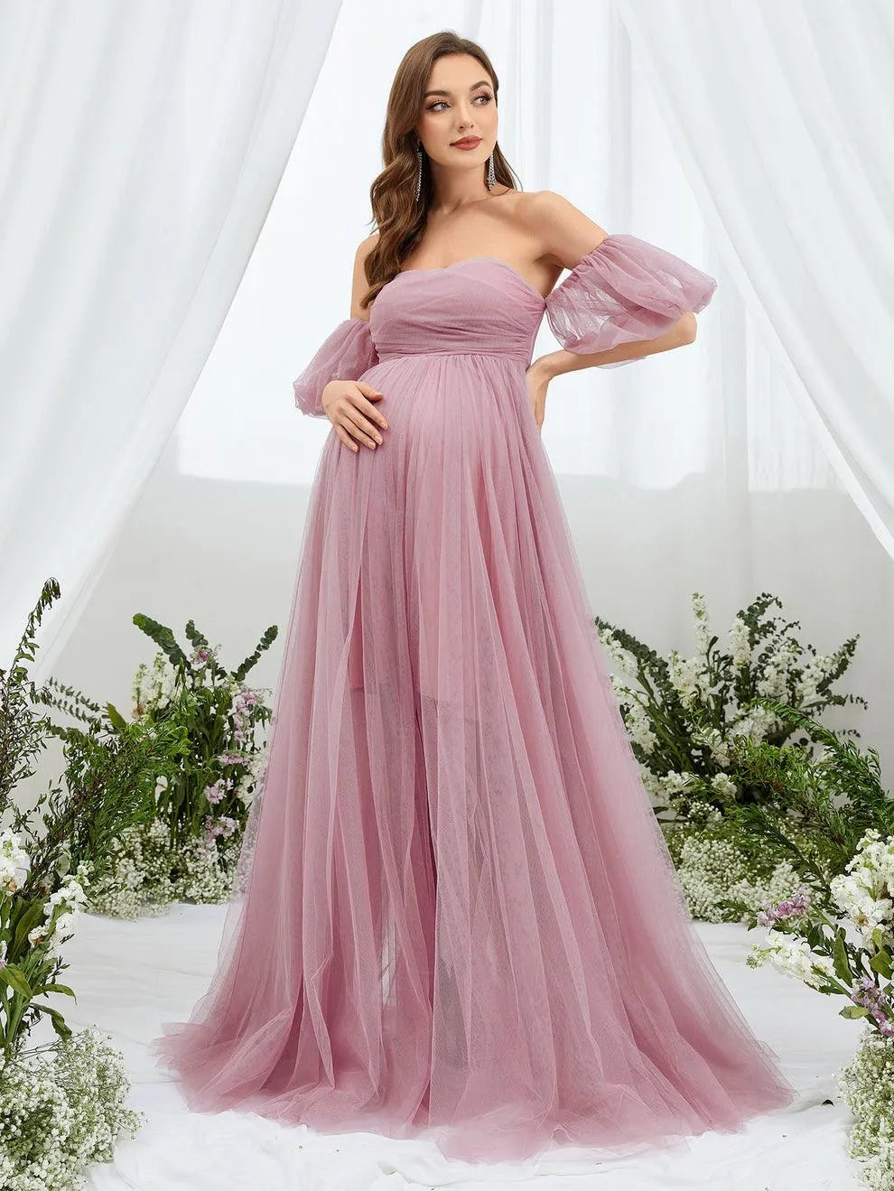 Maternity Off Shoulder Puff Sleeve Mesh Overlay Dress - Elonnashop