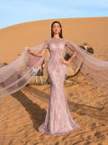 Luxury Gorgeous Sheer Cloak Sleeves Mermaid Hem Beaded Evening Dress