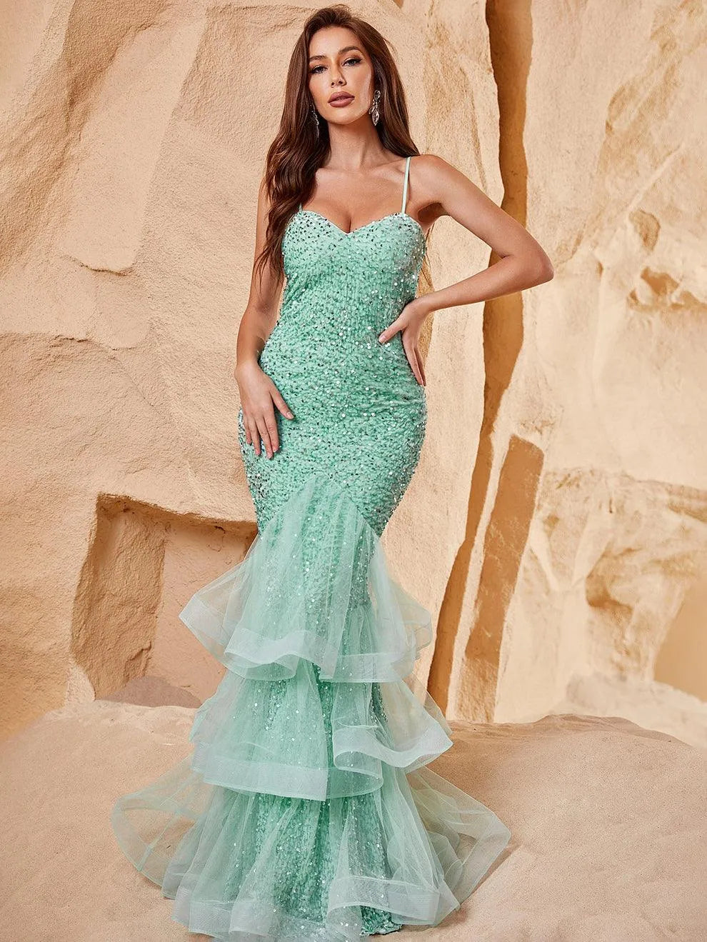 Spaghetti Strap Back Cut Out Sequin Mermaid Dress - Elonnashop