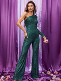 One Shoulder Long Sleeve Sequin Party Jumpsuit - Elonnashop