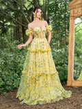 Elegant Ruffle Trim Off Shoulder Floral Tulle Prom Dress - Elonnashop