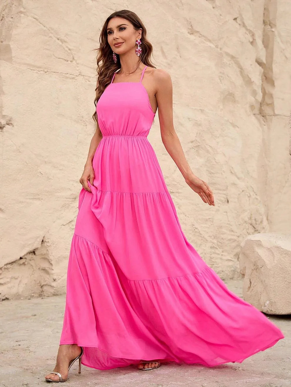 Back Lace Up Chiffon Tiered Maxi Dress - Elonnashop