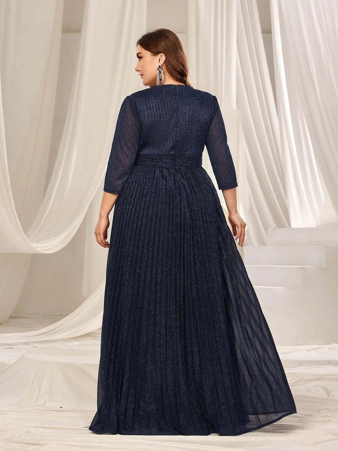 Plus Glitter 3/4 Sleeves Pleated A Line Evening Dress - Elonnashop