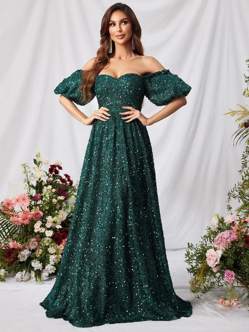 Elegant Off Shoulder Puff Sleeves Sequin A Line Dress - Elonnashop