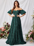 Elegant Off Shoulder Puff Sleeves Sequin A Line Dress - Elonnashop