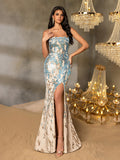 Elegant Spaghetti Strap Sleeveless Evening Gown with Crisscross Back Straps, High Thigh Slit, Patterned Wave Sequin Embellishments | Long Floor-Length Formal Dress for Special Occasions