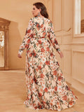 Plus V Neck Long Sleeve Floral Chiffon Belted Dress - Elonnashop