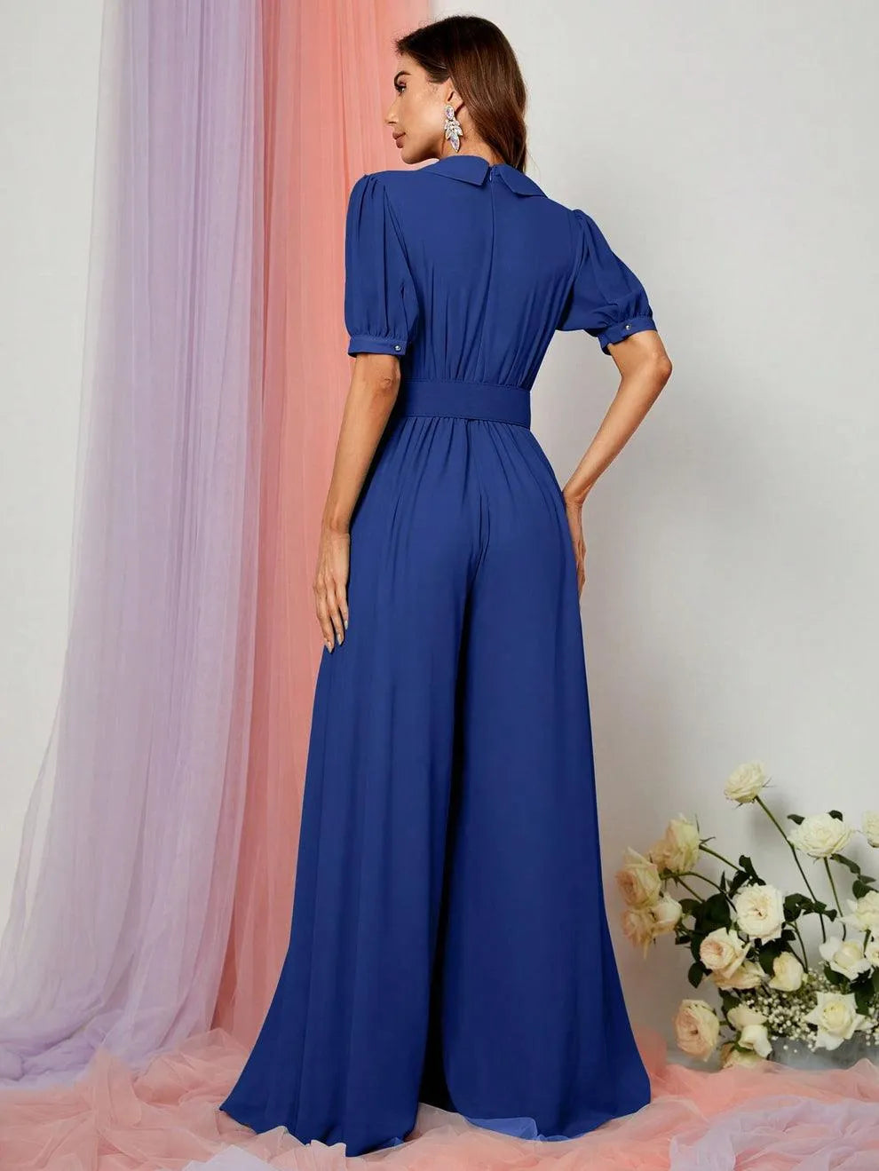 Plunging Neck Puff Sleeves Wide Leg Jumpsuit - Elonnashop