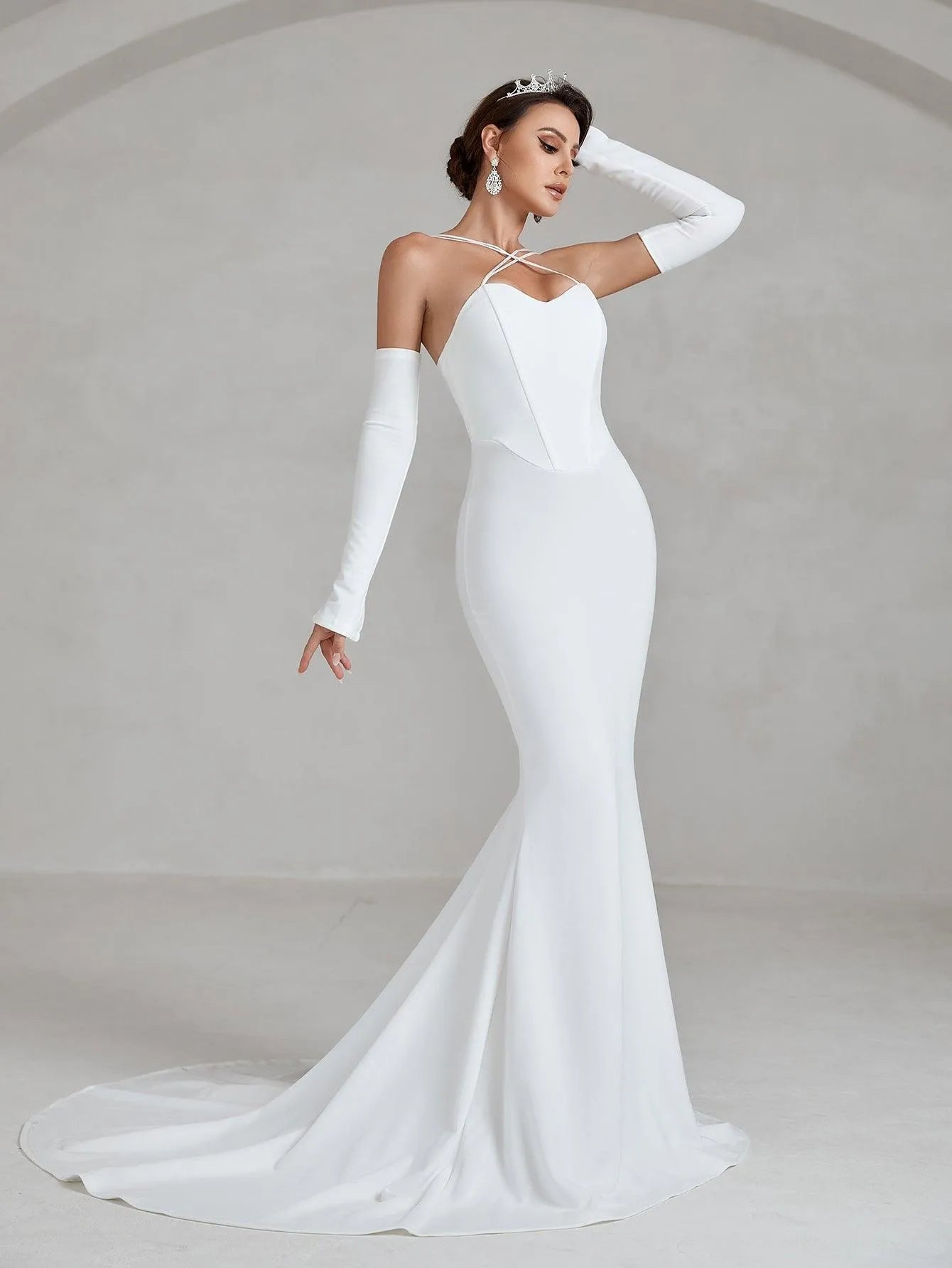 Crisscross Halter Neck Mermaid Hem Wedding Dress - Elonnashop