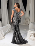 Plus Size Luxury Floral Sequin Deep V-Neck Mermaid Evening Dress