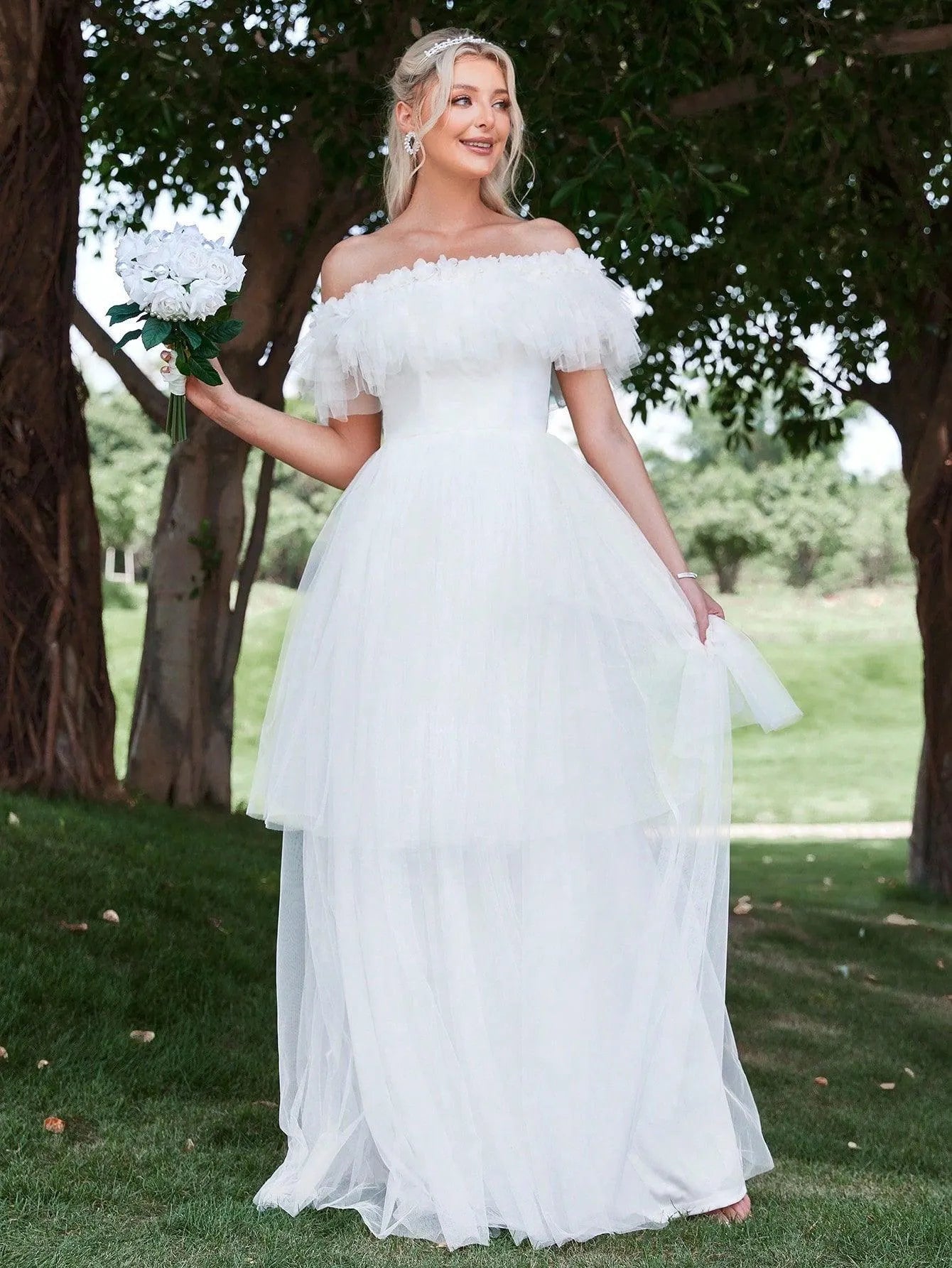 Ruffle Trim Off Shoulder Layered Mesh Wedding Dress - Elonnashop