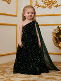 Young Girls' One Shoulder Draped Side Sequin A Line Dress - Elonnashop