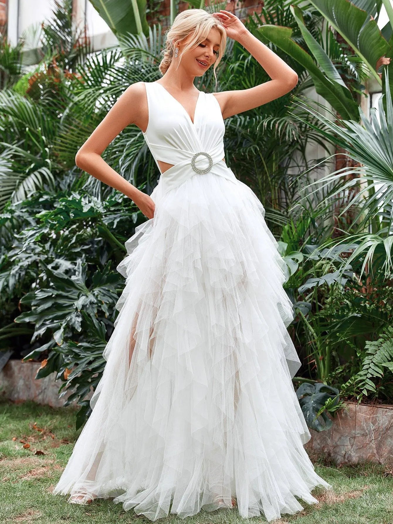 Cut Out Waist Layered Tulle A Line Wedding Dress - Elonnashop