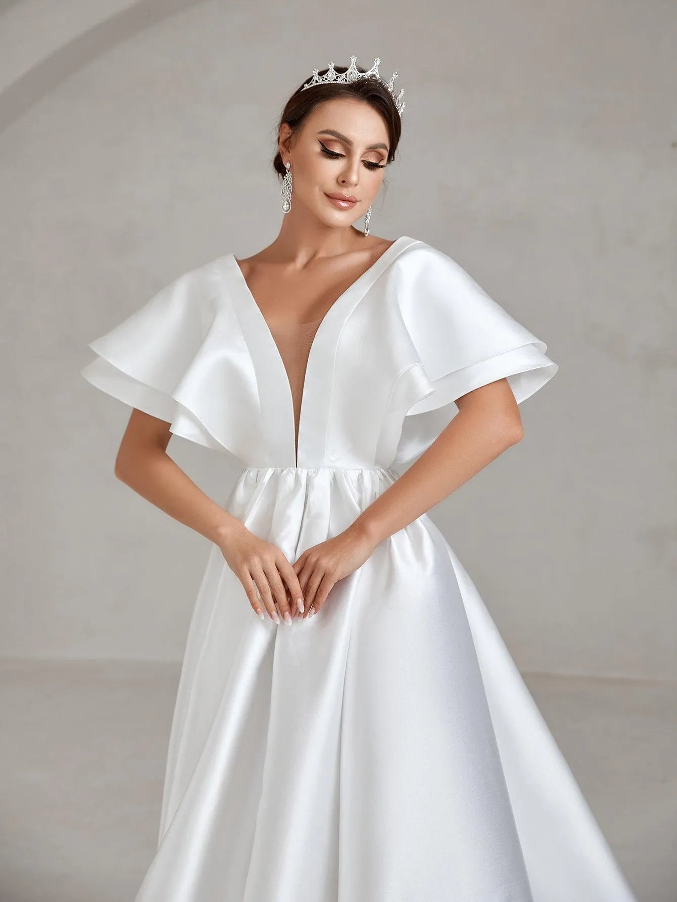 Backless Ruffle Layered Sleeve Wedding Dress - Elonnashop