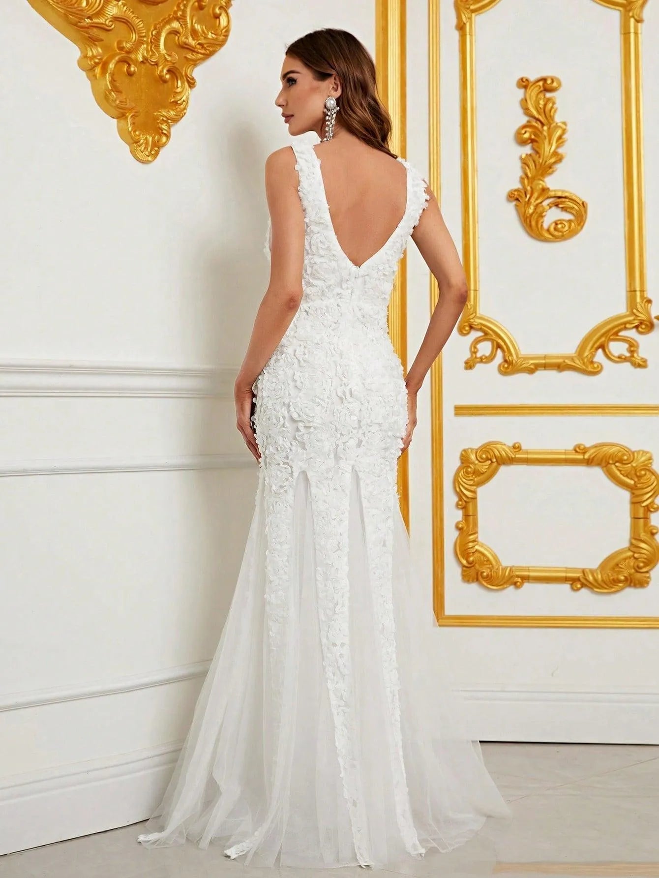 V-Neck Gown with Floral Appliqué Overlay - Elonnashop