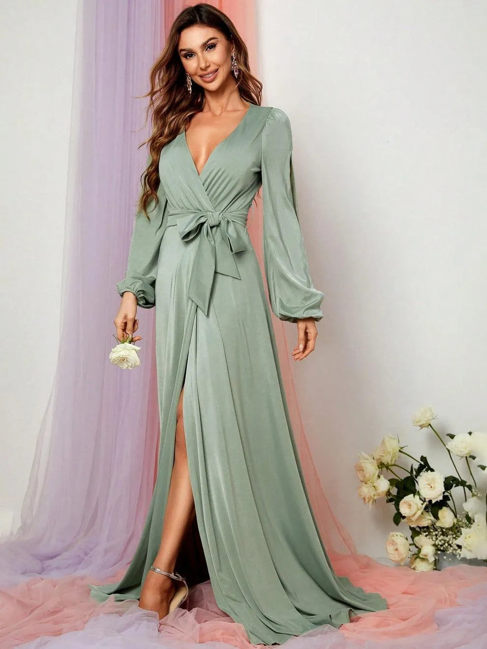 Elegant V Neck Slit Long Sleeve A-Line Dress - Elonnashop