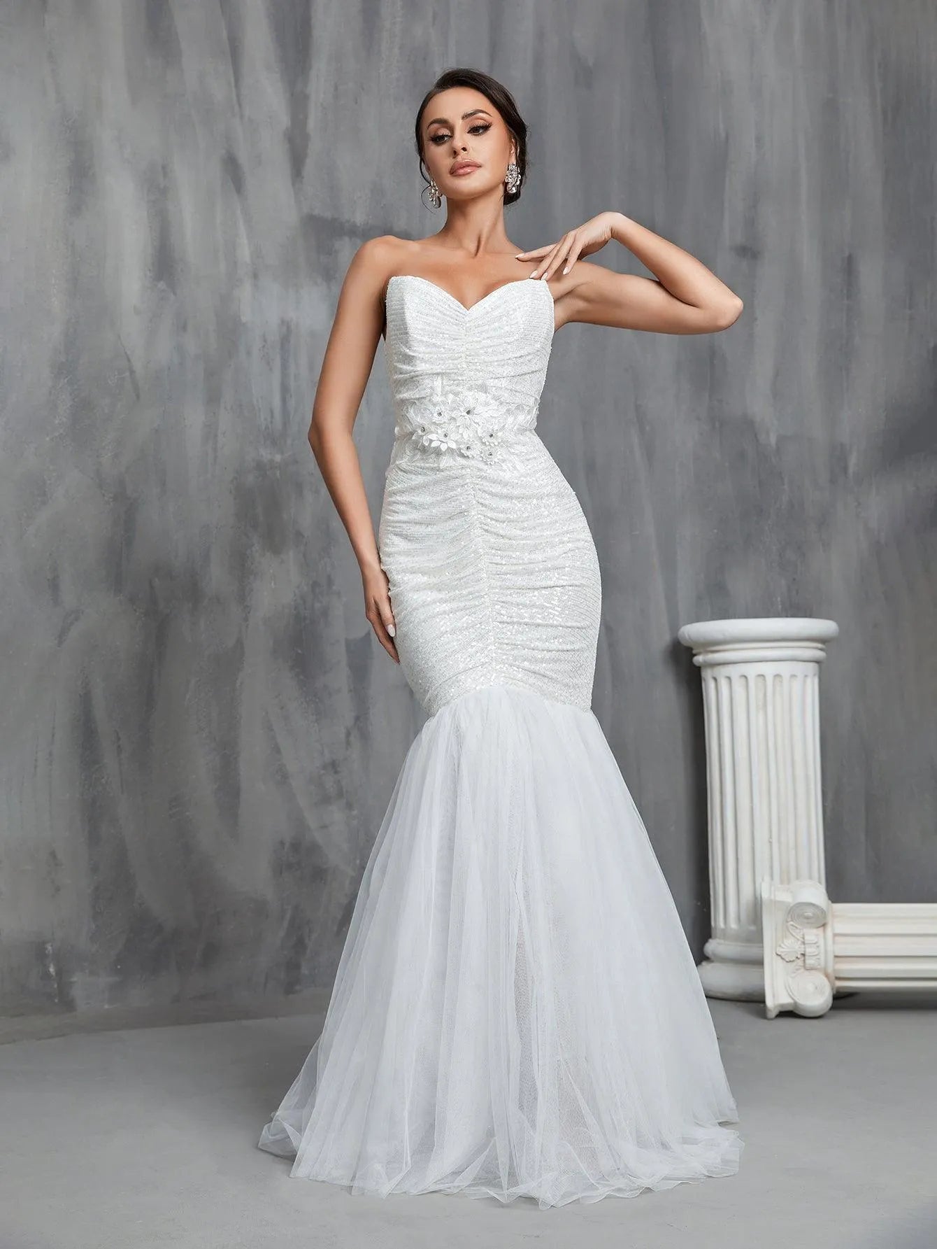 Ruched Front Mermaid Hem Sequin Tube Wedding Dresses - Elonnashop