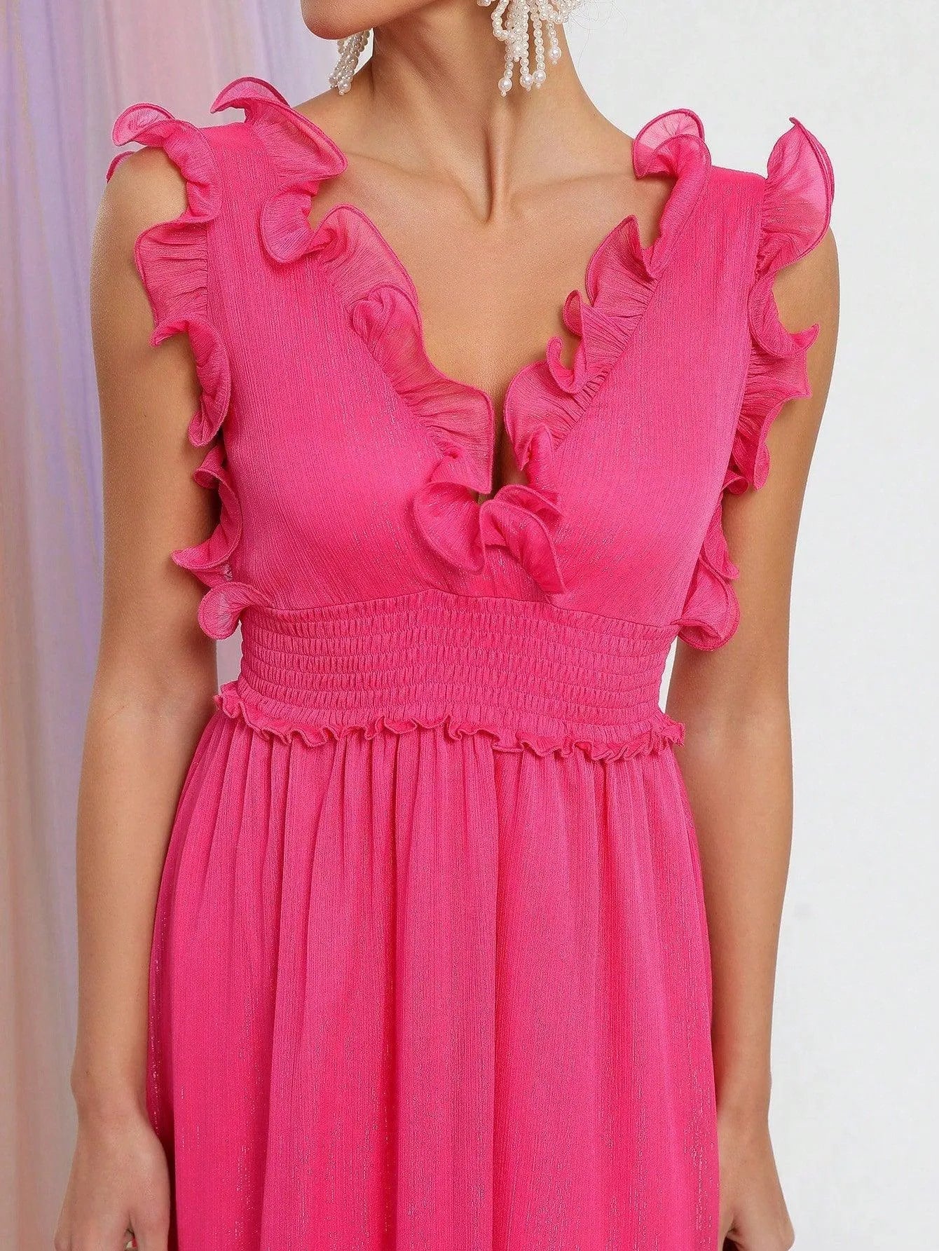 V Neck Sleeveless Ruffle Trim Chiffon A Line Dress - Elonnashop