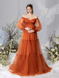 Maternity Off Shoulder Bishop Sleeves Layered Tulle Photography Dress