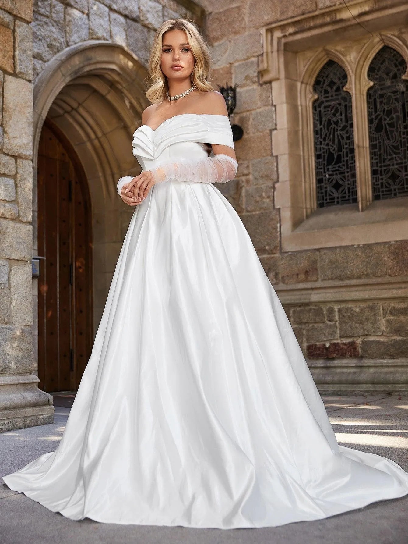 Off Shoulder Floor Length Satin Wedding Dress - Elonnashop