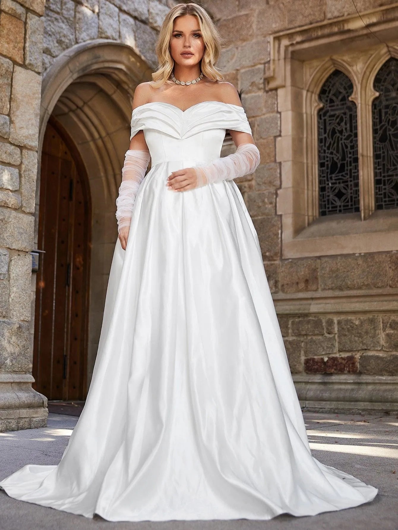 Off Shoulder Floor Length Satin Wedding Dress - Elonnashop