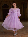 Tween Girls' Applique Detail Puff Sleeve Mesh Prom Dress - Elonnashop