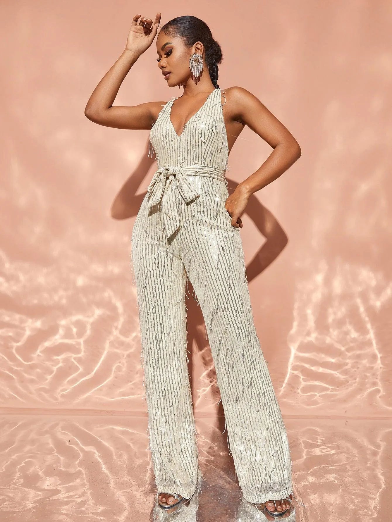 Chic Halter Neck Backless Sequin Belted Jumpsuit - Elonnashop