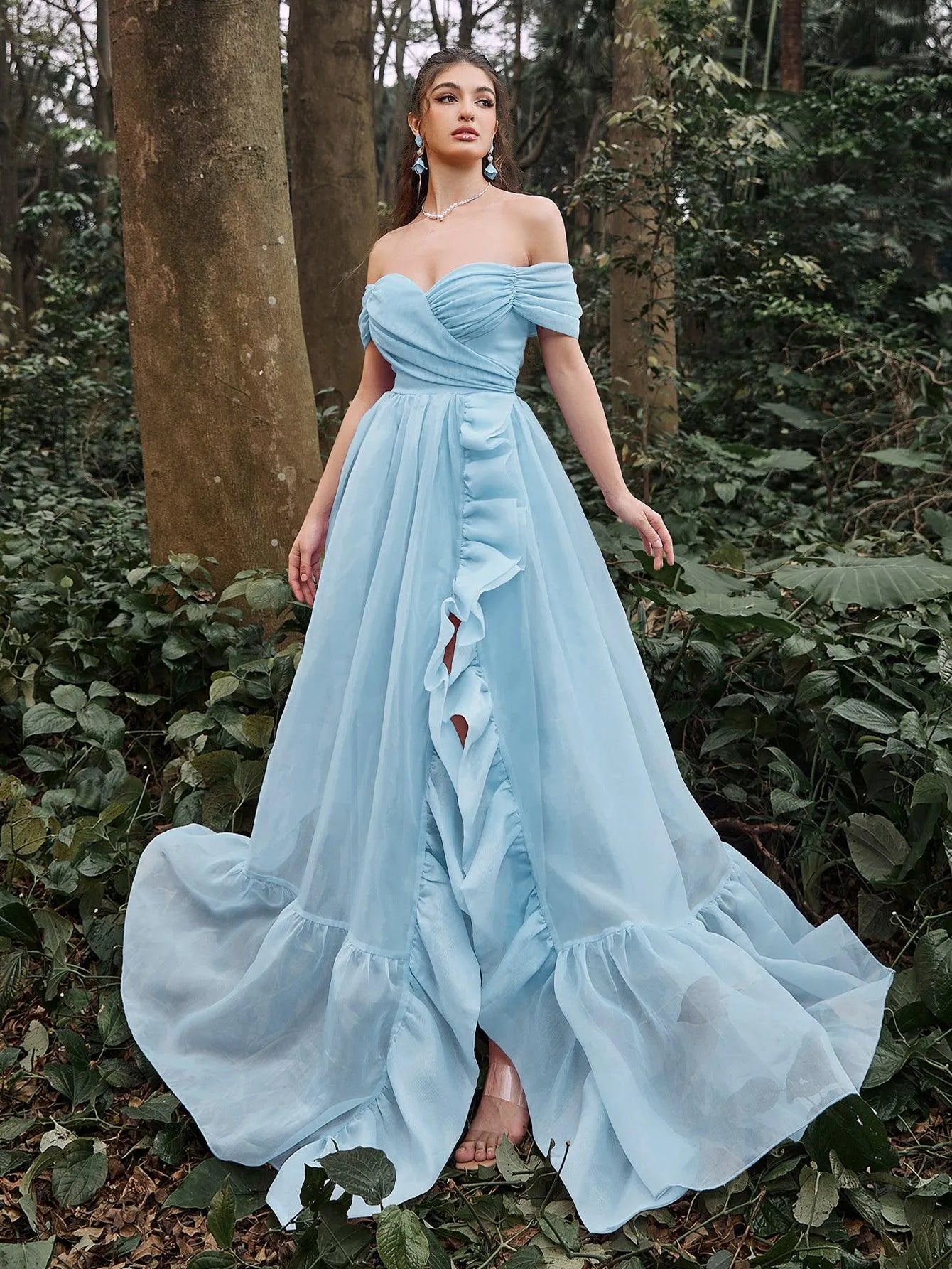 Off Shoulder Ruffle Trim Split Thigh Organza Prom Dress - Elonnashop