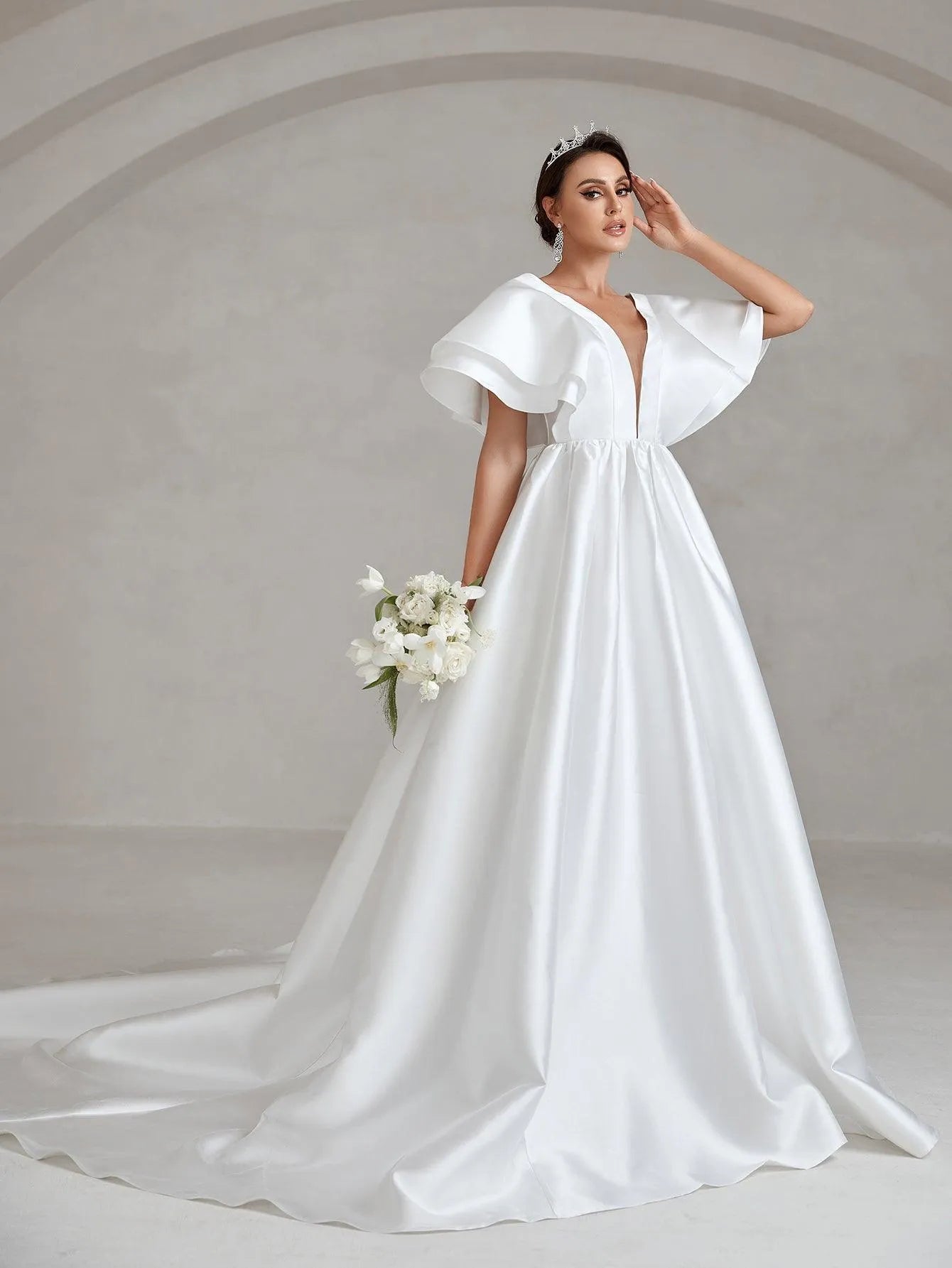 Backless Ruffle Layered Sleeve Wedding Dress - Elonnashop