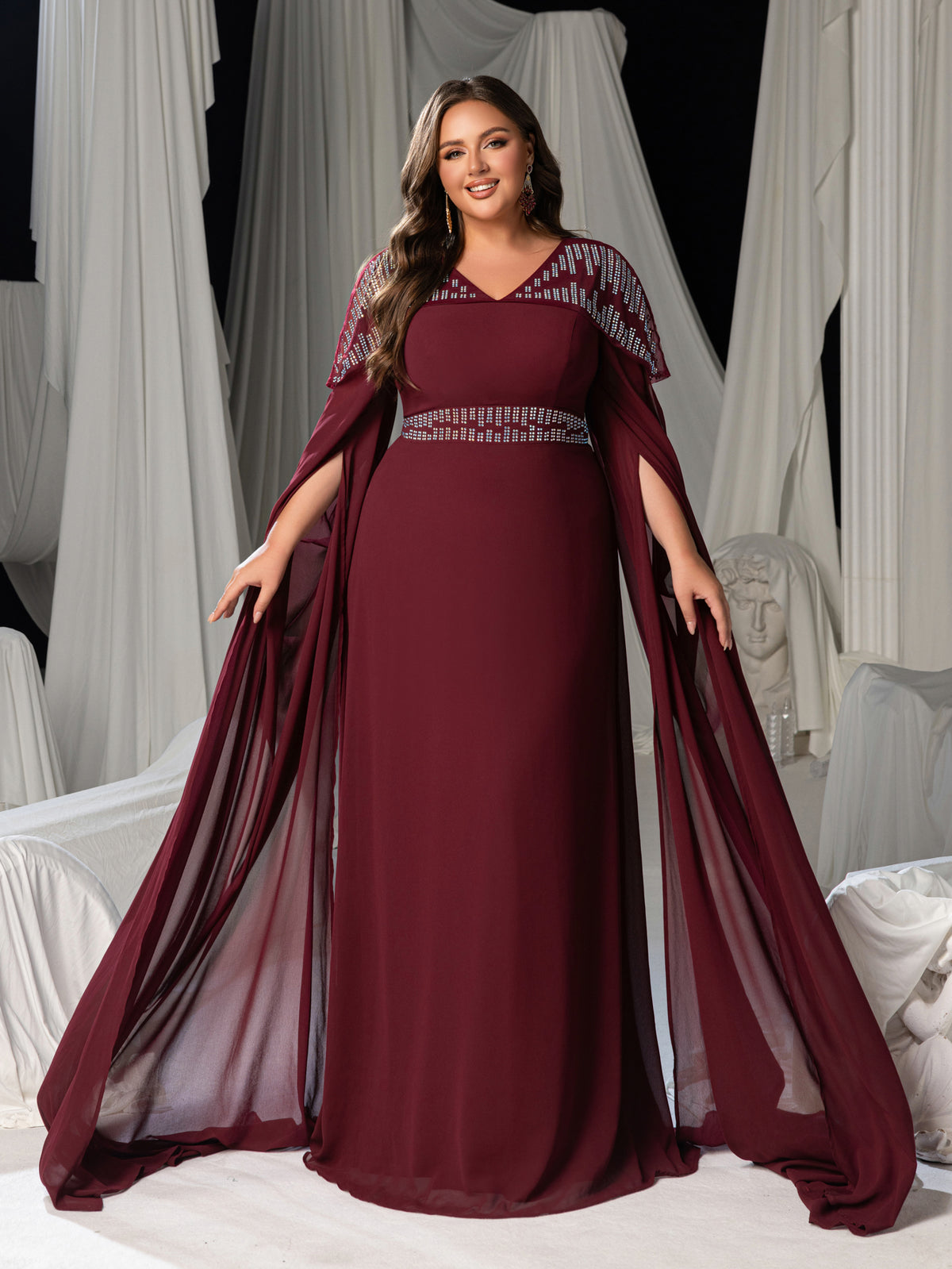 Plus Ethereal Floor-Length Chiffon Evening Gown with V-Neckline, Wide Split & Voluminous Draped Sleeves, Rhinestone Bodice Unique Pattern