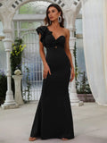 Ruffle Trim One Shoulder Mermaid Hem Prom Dress - Elonnashop
