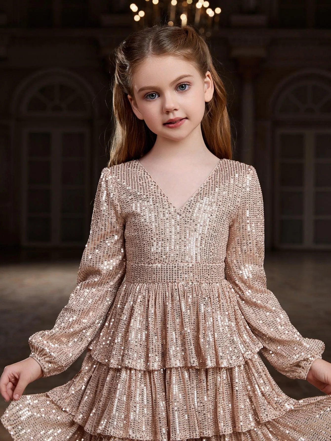 Tween Girls' Backless V Neck Layered Hem Sequin Party Dress - Elonnashop