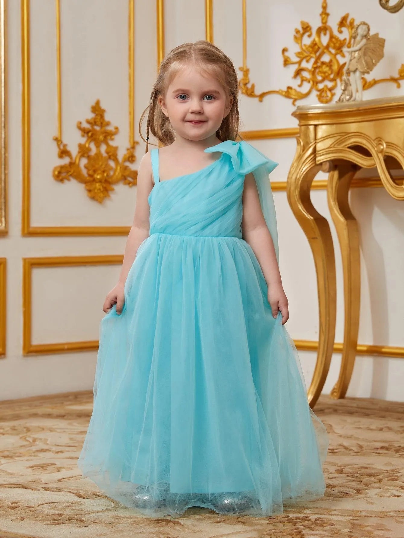 Young Girls' One Shoulder Draped Side Mesh A Line Dress With Bow - Elonnashop