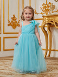 Young Girls' One Shoulder Draped Side Mesh A Line Dress With Bow - Elonnashop