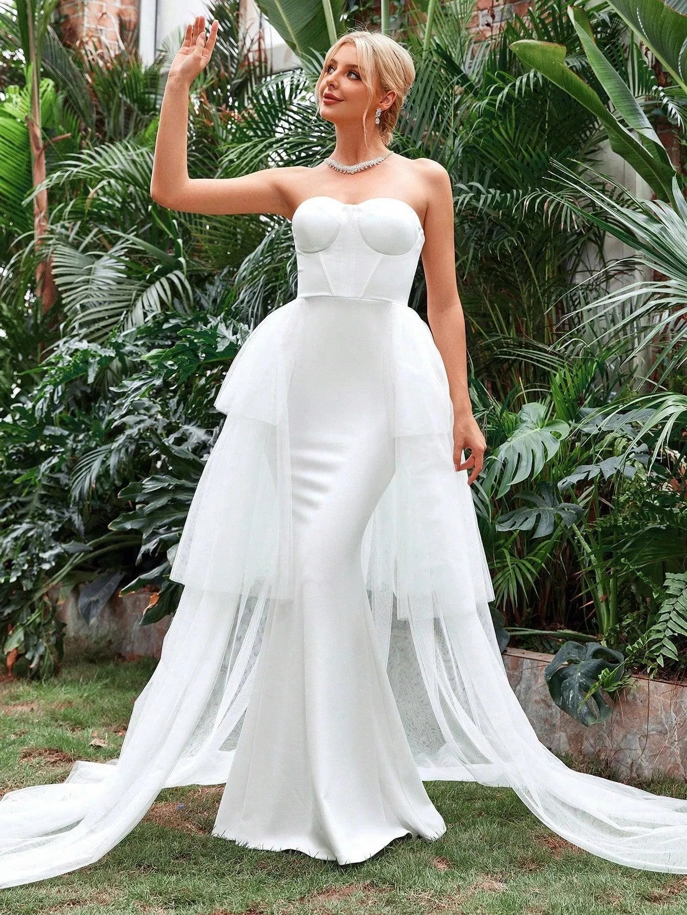 Mesh Overlay Mermaid Hem Tube Wedding Dresses - Elonnashop