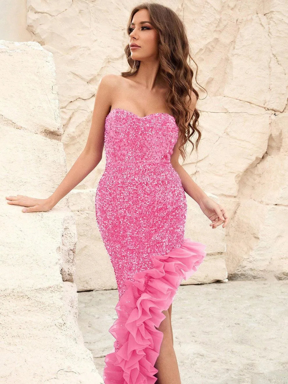 Elegant Asymmetrical Hem Sequin Tube Dress - Elonnashop