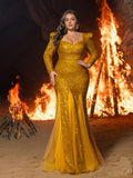 Plus Square Neck Sequin Evening Gown | Puff Sleeve & Mermaid Hem with Mesh Insert