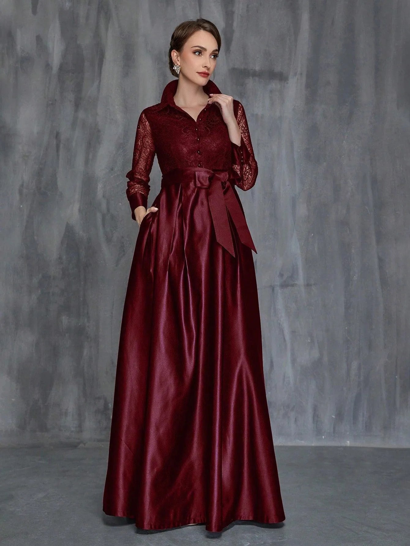 Womens' Shirt Collar Contrast Lace Satin Belted Dress - Elonnashop