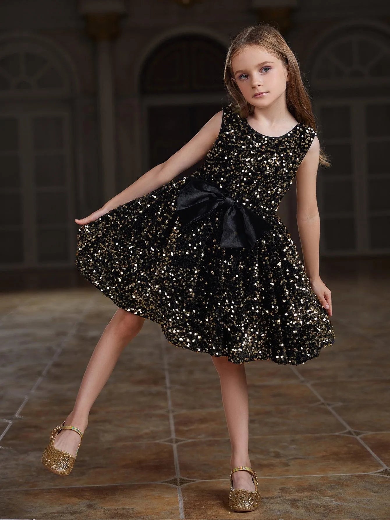 Tween Girls' Cute Sleeveless Bow Front Sequin A Line Dress - Elonnashop