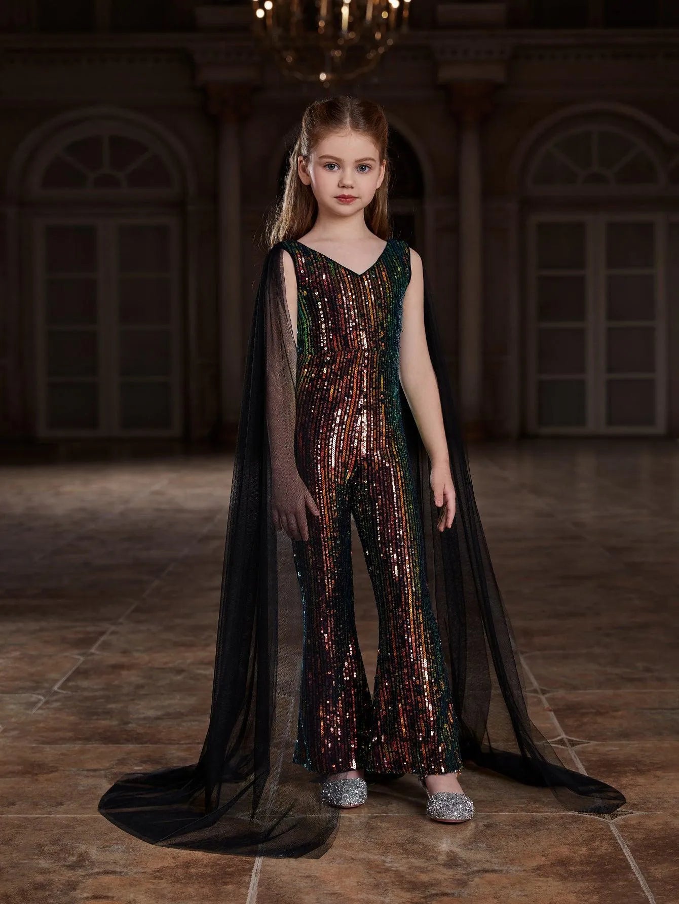 Tween Girls' V Neck Mesh Cape Sleeves Sequin Jumpsuit - Elonnashop