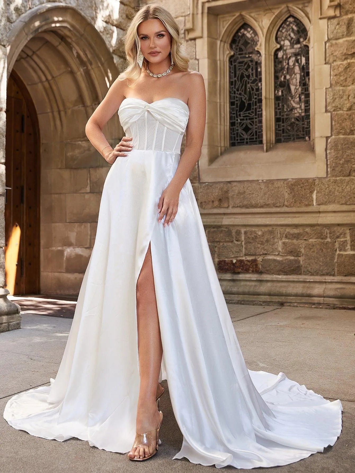 Twist Bustier Satin Wedding Dress - Elonnashop