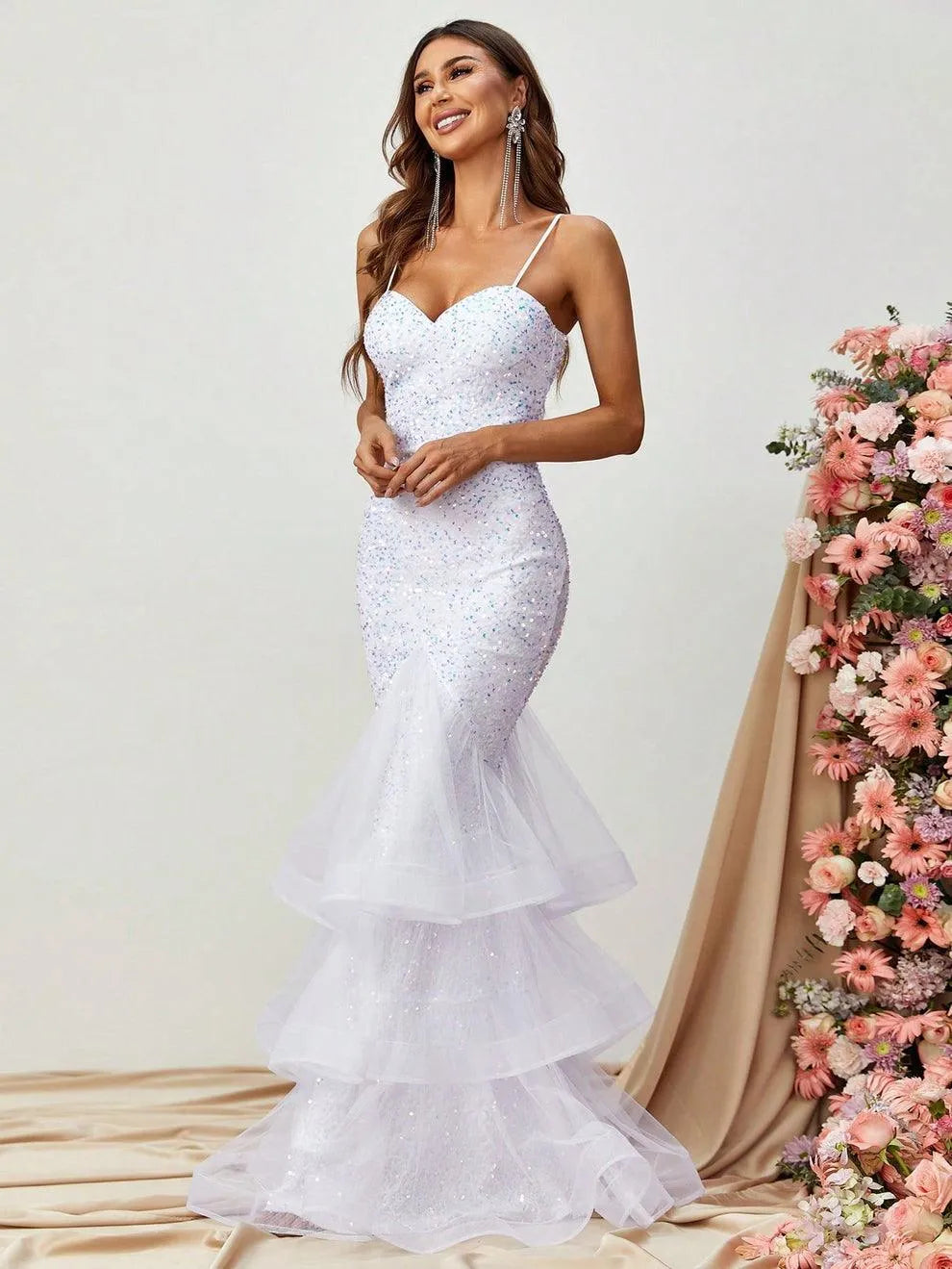 Spaghetti Strap Back Cut Out Sequin Mermaid Dress - Elonnashop