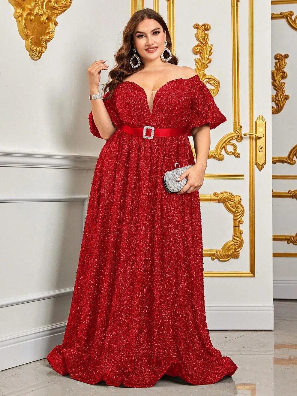 Plus Off Shoulder Puff Sleeves Sequin Formal Dress - Elonnashop